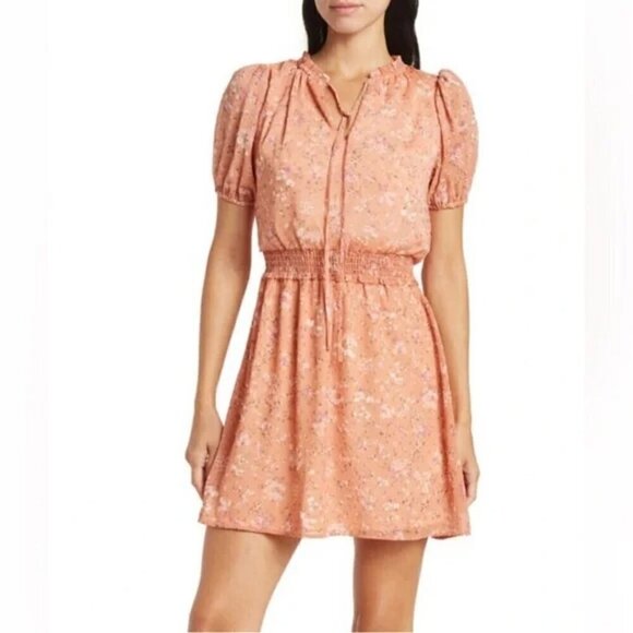 Lush Printed Floral Chiffon Mini Casual Short Sleeve Dress Junior Size Large - Picture 1 of 9